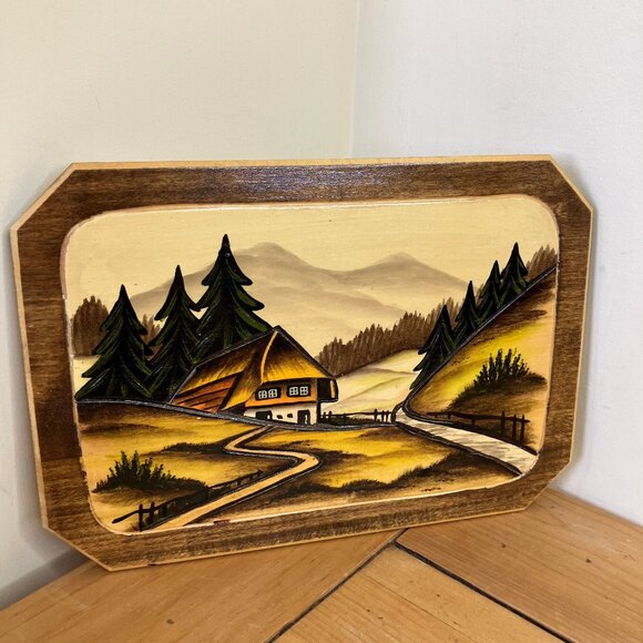 Black Forest Mountain Cabin Carved Wood Wall Hanging Vintage German Cottage - Picture 1 of 3